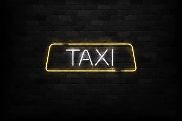 Vector illustration of Vector realistic isolated neon sign of Taxi logo for decoration and covering on the wall background.