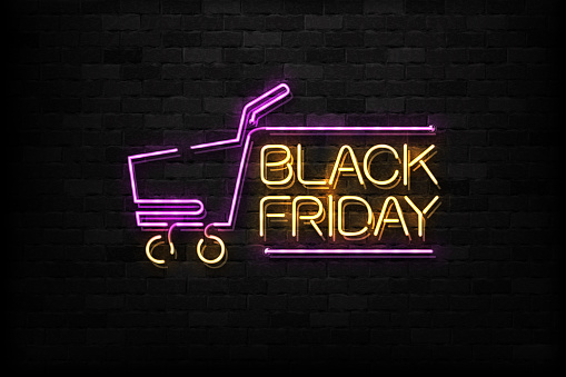 Vector realistic isolated neon sign of Black Friday logo for decoration and covering on the wall background. Concept of sale and discount.