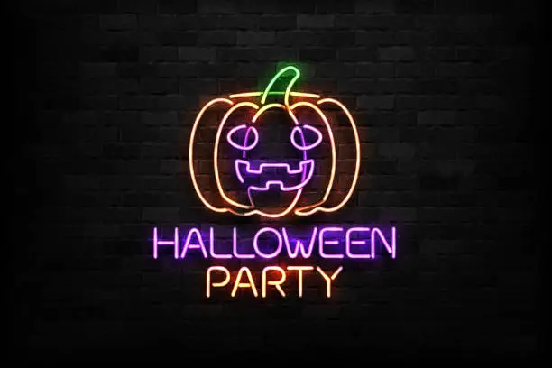 Vector illustration of Vector realistic isolated neon sign of Pumpkin logo for decoration and covering on the wall background. Concept of Happy Halloween.