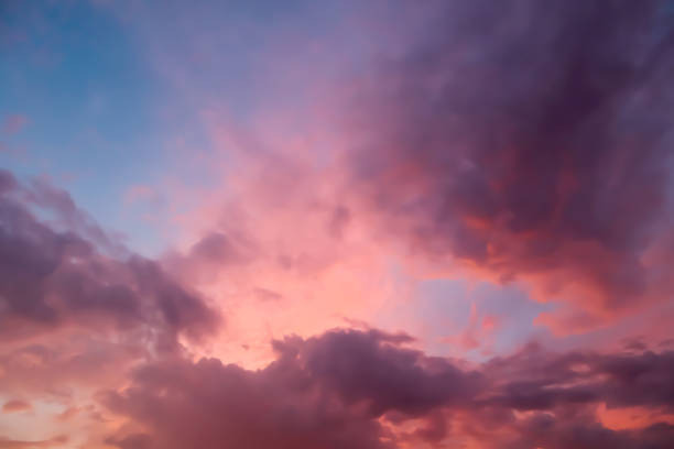 Dramatic atmosphere panorama view of tropical beautiful twilight sky and clouds background in summer. stock photo