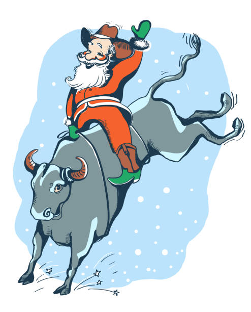 cowboy santa auf dem rodeo.western-rodeo-bullen reiten farbigen illustration - rodeo bull bull riding cowboy stock-grafiken, -clipart, -cartoons und -symbole
