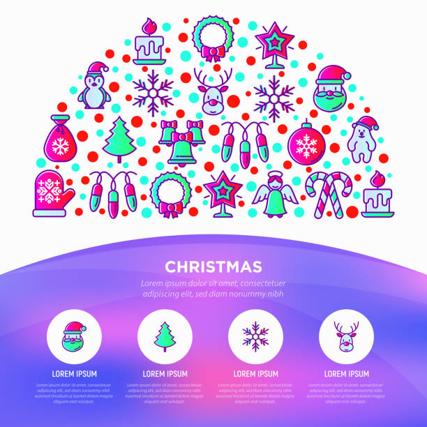istock Christmas concept in half circle with thin line icons: Santa Claus, snowflake, reindeer, wreath, polar bear in hat, angel, mitten, penguin, garland. Vector illustration, web page template. 1055020388