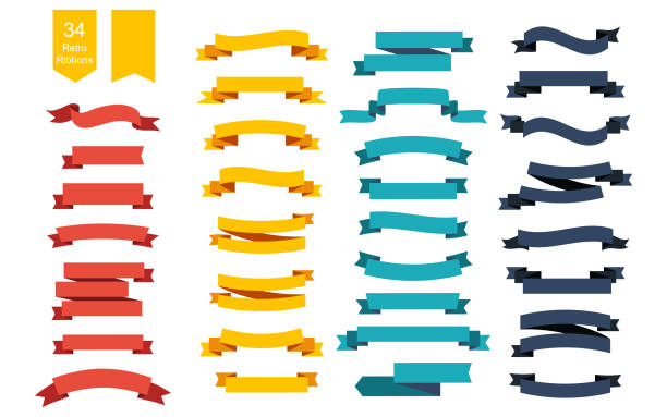 ilustraciones, imágenes clip art, dibujos animados e iconos de stock de banners de la cinta vector colorido. conjunto de 34 cintas - ribbon