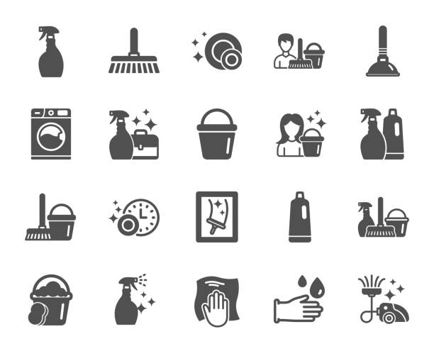 ilustrações, clipart, desenhos animados e ícones de ícones de limpeza. lavanderia, esponja e vácuo. vector - hygiene