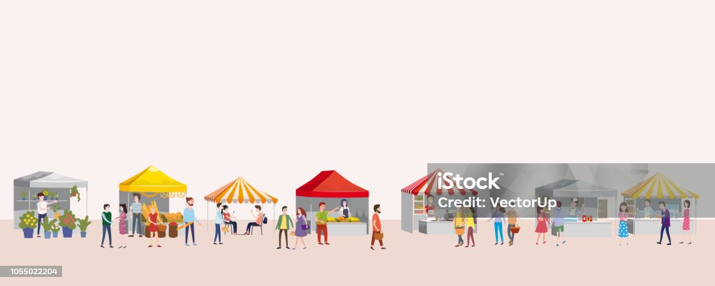 Outdoor festival with food trucks, awnings, tents, ice cream, coffee, hot dog, flowers, bakery, walking people, men and women buying and selling goods at park autumn. Flat cartoon vector illustration for event promo. Modern flyer or poster template for sa Outdoor festival with food trucks, awnings, tents, ice cream, coffee, hot dog, flowers, bakery, walking people, men and women buying and selling goods at park autumn Traditional Festival stock vector