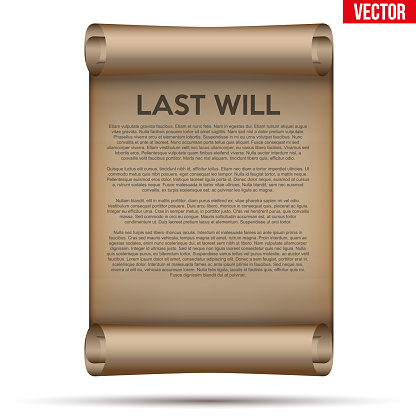 Old Scrolled Paper with last will and testament. Concept of bequest inheritance division. Vector illustration Isolated on white background.
