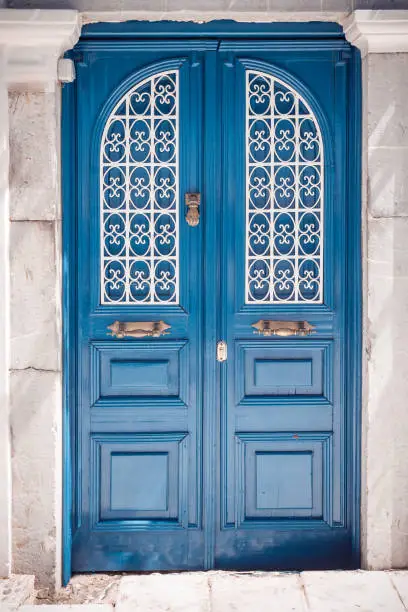 Blue Bodrum style house door in Mugla, Turkey