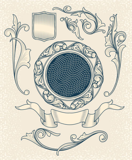 ilustrações, clipart, desenhos animados e ícones de elementos de projeto floral decorativo vintage - ellipse frame ornate scroll shape