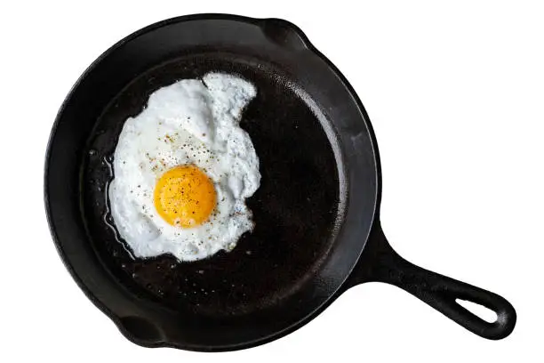 Single fried egg in cast iron frying pan sprinkled with ground black pepper. Isolated on white from above.