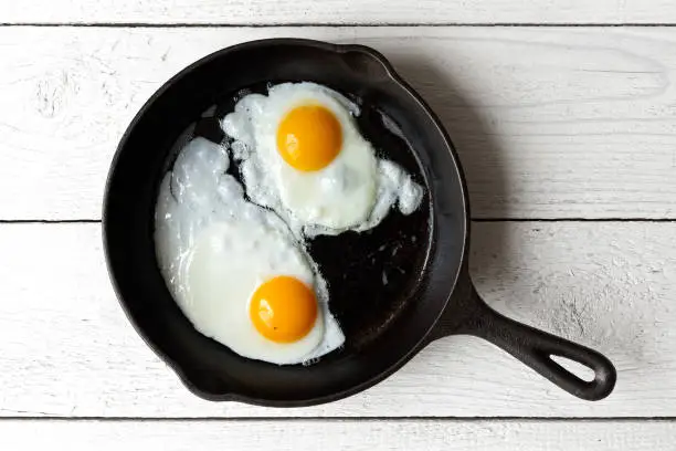 Two fried eggs in cast iron frying pan isolated on white painted wood from above.