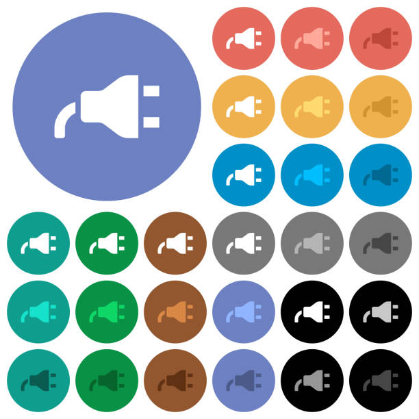 Power plug round flat multi colored icons Power plug multi colored flat icons on round backgrounds. Included white, light and dark icon variations for hover and active status effects, and bonus shades. electric plug dark stock illustrations
