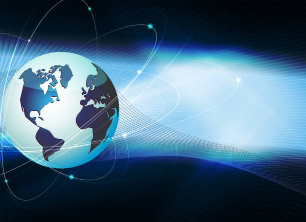 istock Blue dark background with silhouette of the globe and rays of light. 1055040294