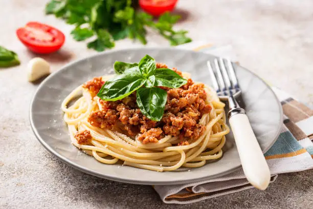 Pasta Bolognese. Spaghetti with meat sauce. Traditional Italian dish