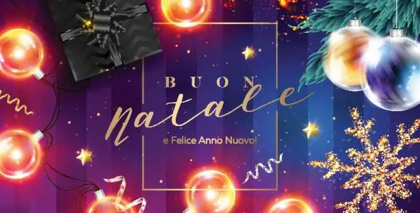 Vector illustration of Buon Natale e Felice Anno Nuovo Vector Card. Merry Christmas and Happy New Year in Italian. Xmas Poster Template with Frame, Black Gift Box, Ribbon, Christmas Lights, Golden Glittering Star.