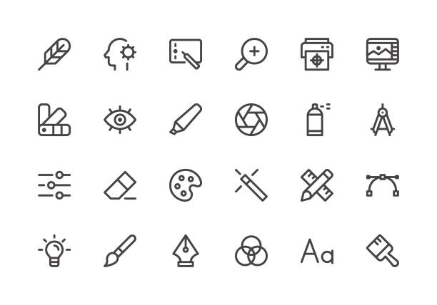 Graphic Designer - Line Icons Graphic Designer - Line Icons - Vector EPS 10 File, Pixel Perfect 24 Icons. design color swatch painting plan stock illustrations