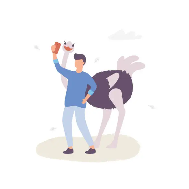 Vector illustration of Cheerful man making selfie near cute ostrich smiling, having fun in the zoo. Vector flat illustration. Ostrich isolated with man on white background