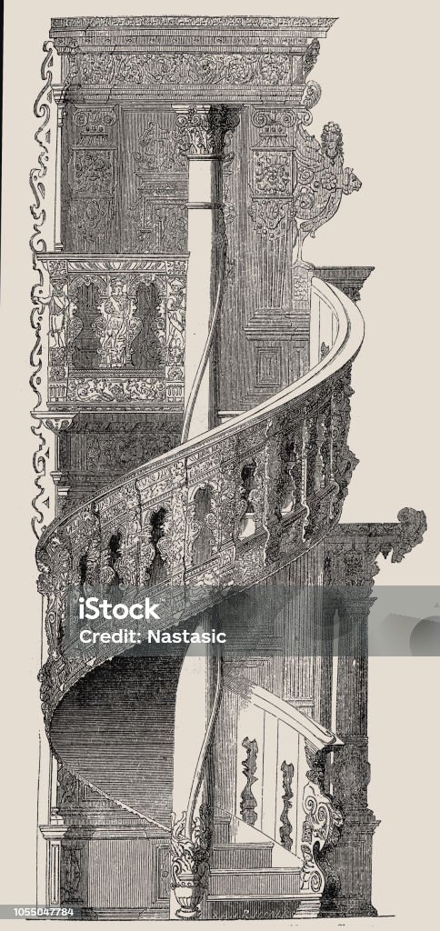 Stairs of the "Güldenkammer", a historic ceremonial room in the Bremen town hall Illustration of a Stairs of the "Güldenkammer", a historic ceremonial room in the Bremen town hall Engraved Image stock illustration