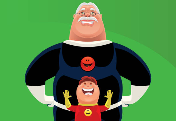 ilustrações de stock, clip art, desenhos animados e ícones de superhero grandpa and boy cheering - grandparent grandfather humor grandchild