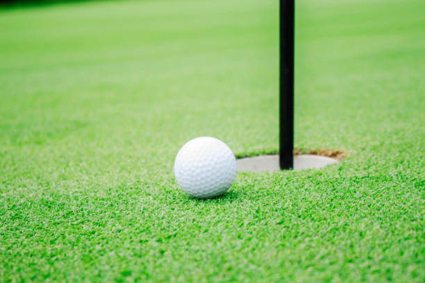 istock Golf balls and holes on green. 1055053128