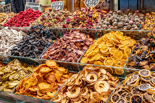 Jerusalem, Israel - 06/21/2022:  Dried dates, jujube, and other dried fruits on display at Mahane Yehuda Market in Jerusalem.