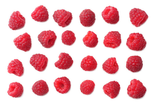 istock ripe raspberries isolated on white background. top view 1055059240