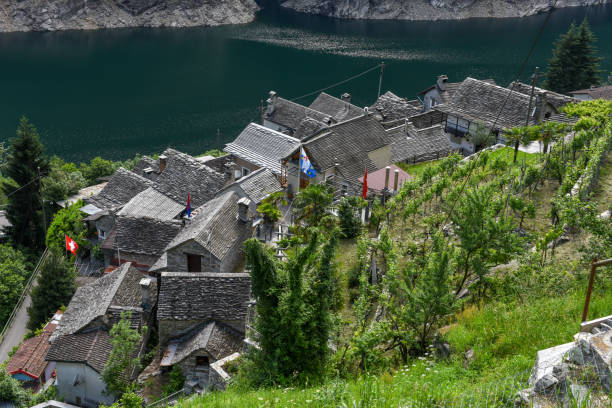 The village of Vogorno on Verzasca valley in Switzerland The village of Vogorno on Verzasca valley in the Swiss alps vogorno stock pictures, royalty-free photos & images