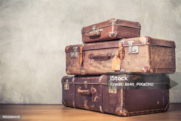 Vintage Old Classic Travel Leather Suitcases Circa 1940s Travel Luggage Concept Retro Instagram Style Filtered Photo Stock Photo - Download Image Now