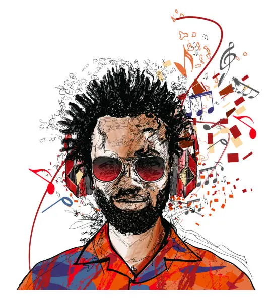 Vector illustration of Afro-americam man listening to music