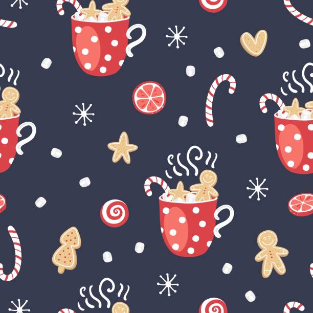 Christmas elements seamless pattern with gingerbread cookies and cocoa. Traditional design. Vector illustration. Christmas elements seamless pattern with gingerbread cookies and cocoa. Traditional design. Vector illustration. christmas cookies pattern stock illustrations