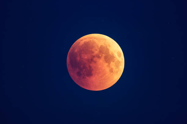 istock Super Bloody Moon, beginning of full eclipse phase against blue starry sky background 1055070040