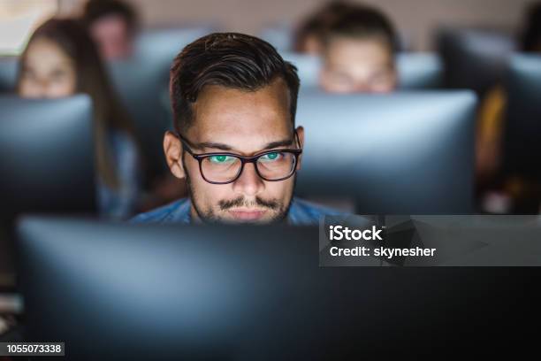 Man Computer Learing Male Student Learning A Lecture Over Desktop Pc At Computer Lab Stock ...