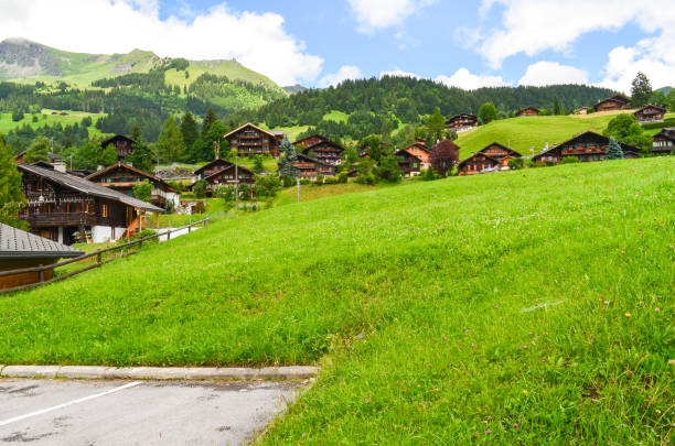 Villages with mountain background in Switzerland.