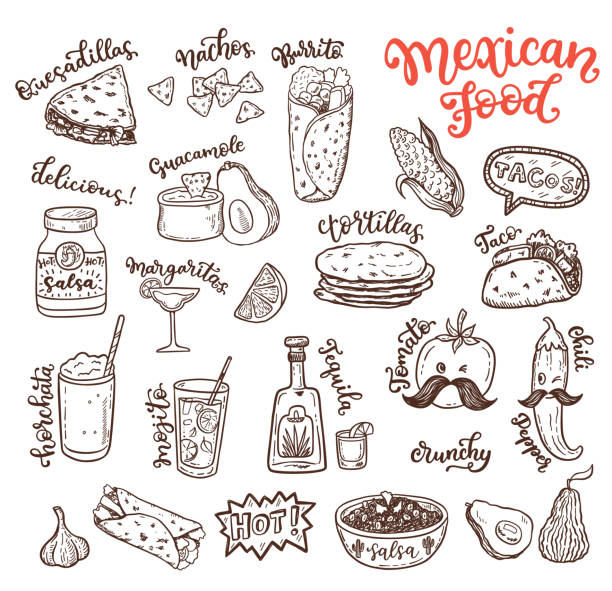 Mexican cuisine, sketch doodle food set Mexican cuisine, sketch doodle food set doodle stock illustrations