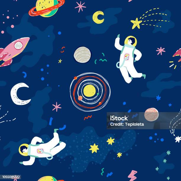 Seamless Cosmic Pattern With Cartoon Stars Planets Moon Space Ship And Astronaut Trendy Retro 90s Style Vector Illustration Stock Illustration - Download Image Now