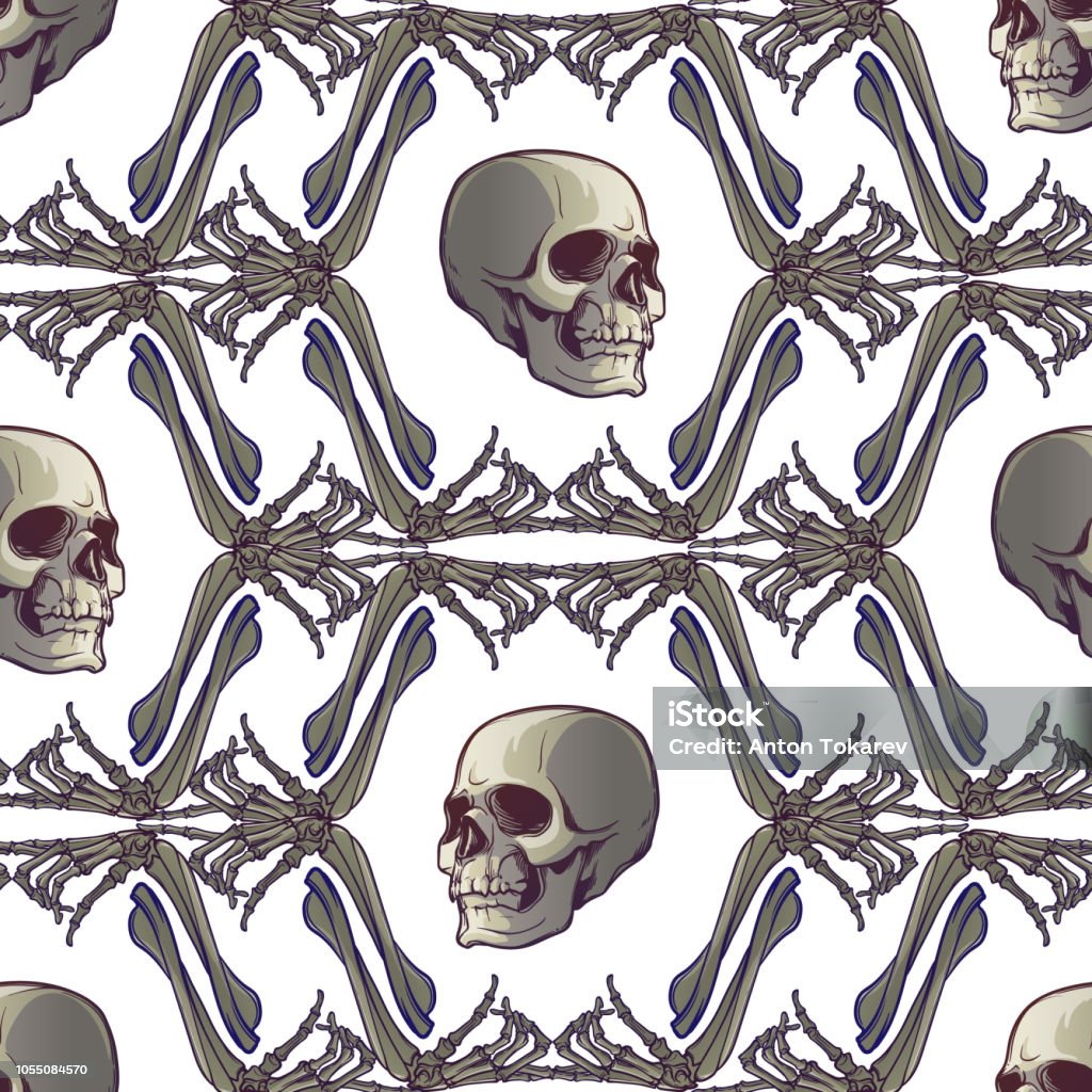 Halloween Seamless Pattern. Human hand bones and skulls. Regular geometryc rhythm. Halloween Seamless Pattern. Human hand bones and skulls. Regular geometryc rhythm. Isolated on white background. EPS10 vector illustration Apocalypse stock vector