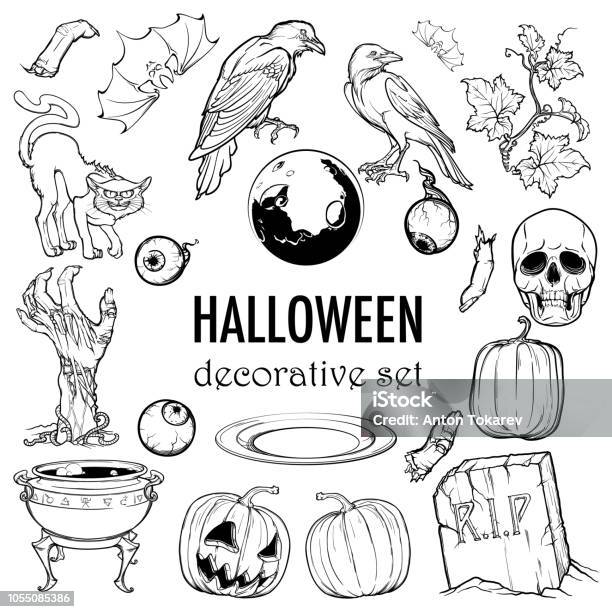 Hallooween Elements Designers Set 21 Original Elements Isolated On White Background Stock Illustration - Download Image Now