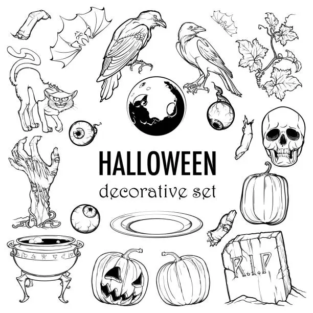 Vector illustration of Hallooween elements designers set. 21 original elements isolated on white background.