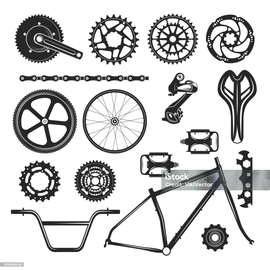 Piezas de reparación bicicleta conjunto, icono de elemento vehículo - arte vectorial de Bicicleta libre de derechos