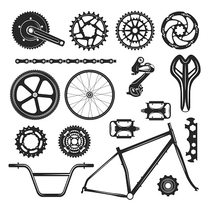 Bicycle repair parts set, vehicle element icon. Vehicle black accessories design. Vector flat style cartoon illustration isolated on white background