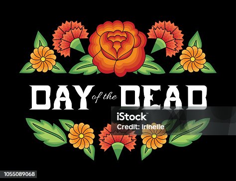 istock Day of the dead background vector. Flowers mexican folk pattern with traditional tehuana huipil embroidery ornament. Vintage floral illustration for fiesta party banner, mexico poster, greeting card. 1055089068