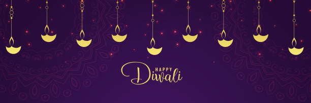 ilustrações, clipart, desenhos animados e ícones de feliz diwali dourado diya e roxo de fundo - 15830