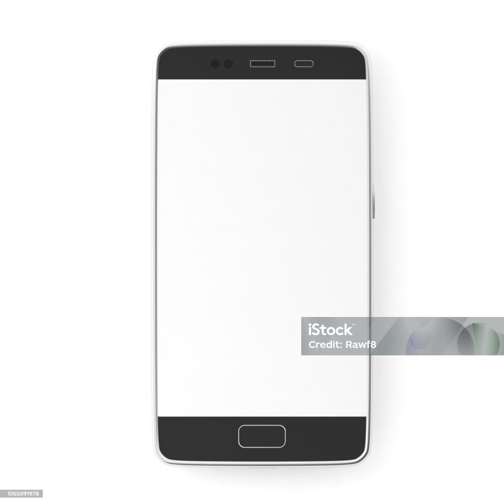 Smartphone with blank white screen isolated on white background, top view, copy space. 3d illustration Smartphone, mobile phone with blank white screen isolated on white background, top view, copy space. 3d illustration Cyborg Stock Photo