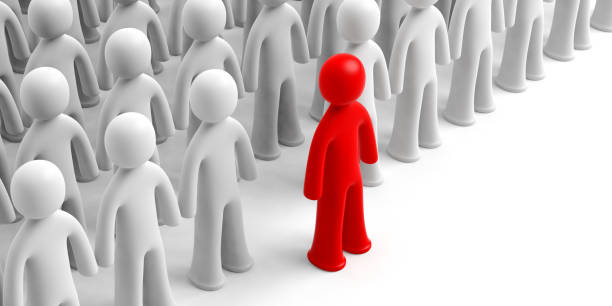istock Crowd of white human figures, one red figure ahead, on white background, copy space. 3d illustration 1055092008