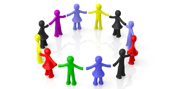 istock Circle of colorful human figures holding hands isolated on white background. 3d illustration 1055092064