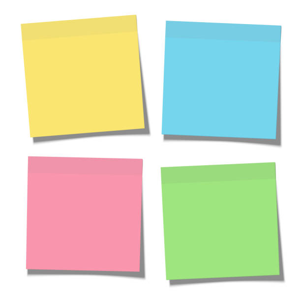 ilustraciones, imágenes clip art, dibujos animados e iconos de stock de set de notas adhesivas de papel amarillo, verde, azul y rosa pegado a la superficie aislada en blanco - post it