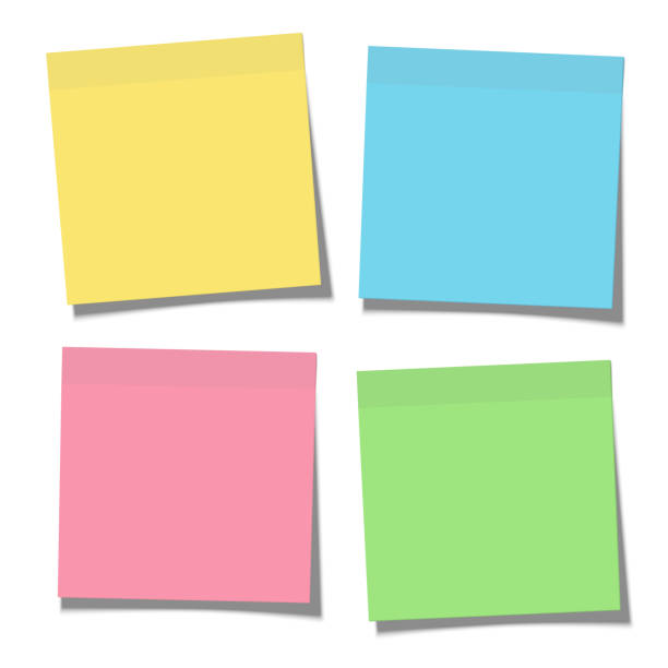illustrations, cliparts, dessins animés et icônes de ensemble de papier jaune, vert, bleu et rose notes post-it collé à la surface isolée sur blanc - glued