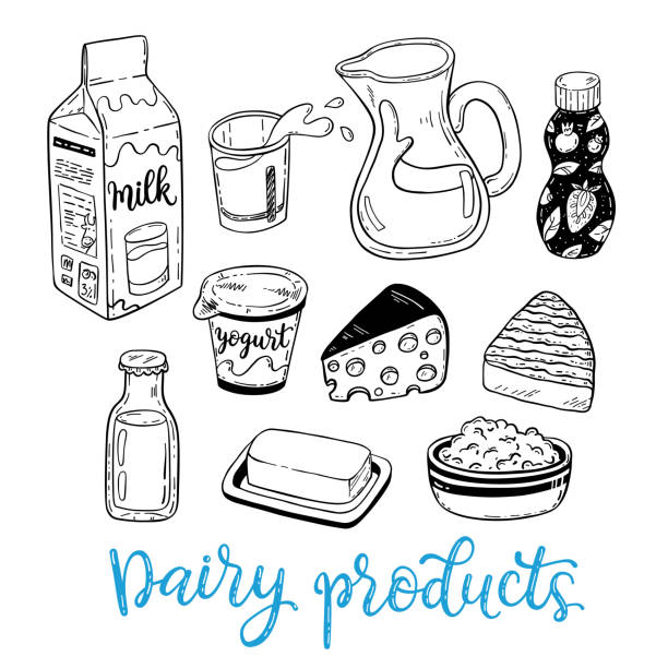 illustrazioni stock, clip art, cartoni animati e icone di tendenza di schizzo vettoriale disegnato a mano set di prodotti lattiero-caseari - human face