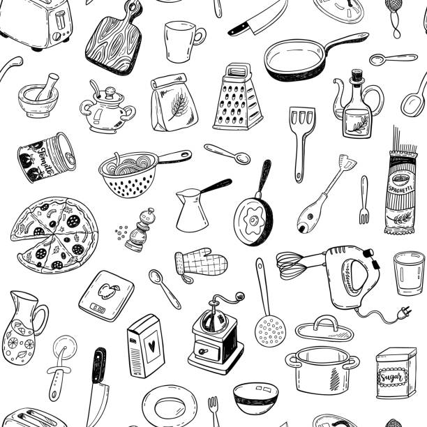 nahtlose vektormuster mit handgezeichneten skizze küchenhelfer - salatsieb stock-grafiken, -clipart, -cartoons und -symbole