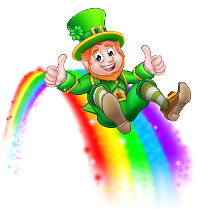 A cute St Patricks day leprechaun cartoon character sliding on rainbow and giving a thumbs up