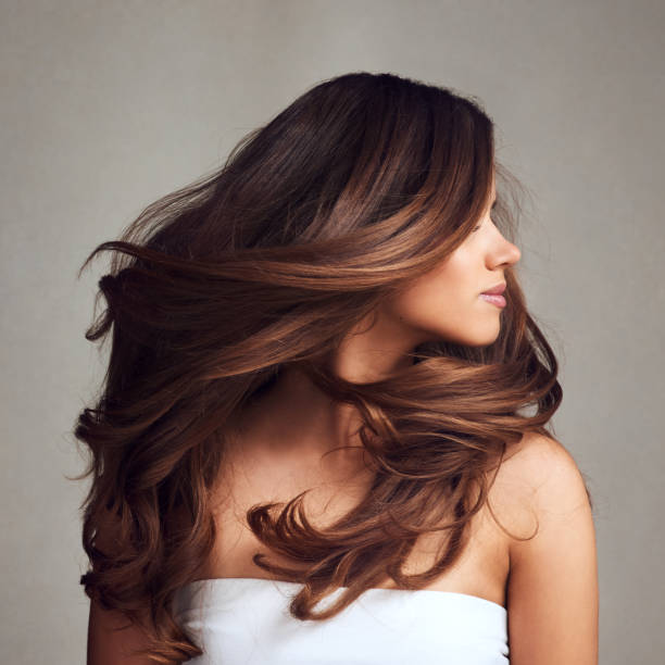 Making hairstory everyday with gorgeous hair Studio shot of a young beautiful woman with long gorgeous hair posing against a grey background one young woman only photos stock pictures, royalty-free photos & images